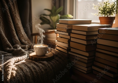Cozy scene of books and coffee cup near window with warm sunlight