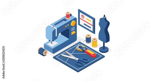 Quadro su tela sewing machine and tools for fashion design.