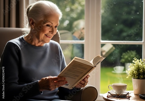 Elderly woman reading book near window enjoying leisure activity indoors