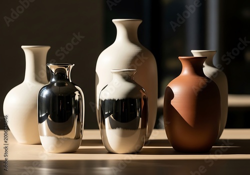 Elegant ceramic vases in natural light on a wooden surface studio backdrop