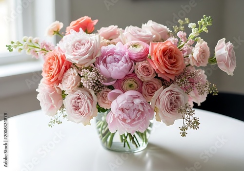 Elegant floral arrangement of roses and other flowers in glass vase