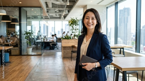 A smiling Asian woman stands confidently in a modern office space. She is wearing a navy blue blazer and a white blouse, holding a tablet in her hand.