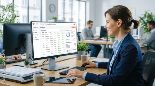 A woman in a business setting is reviewing a dashboard on her computer.
