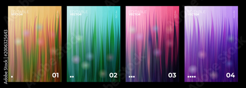 Set of A4 poster templates with fantasy grass, glowing fireflies. Vector vertical backgrounds for summer covers, flyers and brochures. Magical nature design with vibrant gradients for creative layouts