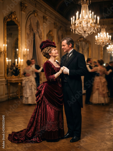 Victorian Couple Dancing in Candlelit Ballroom, Burgundy Velvet Gown and Evening Dress, Romance Novel Cover Concept