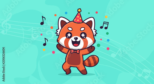 Cartoon Red Panda Wearing Party Hat.