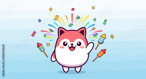 Happy cartoon dog with colorful fireworks.