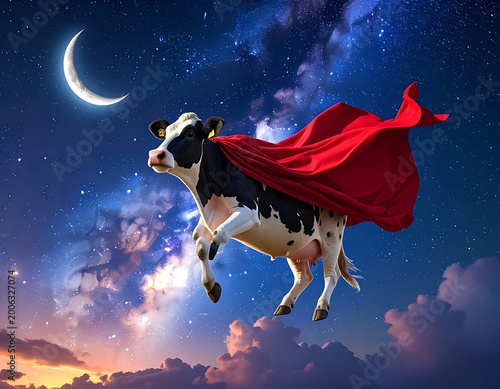 A cow wearing a red cape flies under a crescent moon