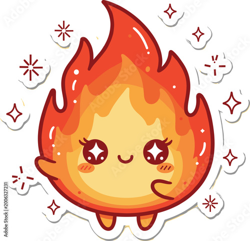 Cute kawaii flame character mascot sticker with bright glowing shining stars