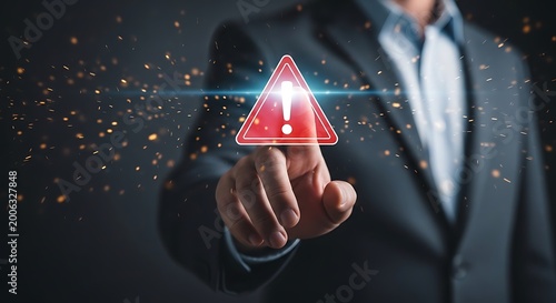 Businessman pressing red triangular warning symbol with hand spark effect