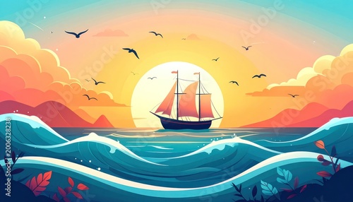 A vibrant digital painting depicts a classic sailing ship gracefully navigating turquoise waters under a stunning sunset sky, complete with soaring seagulls and stylized coastal mountains.