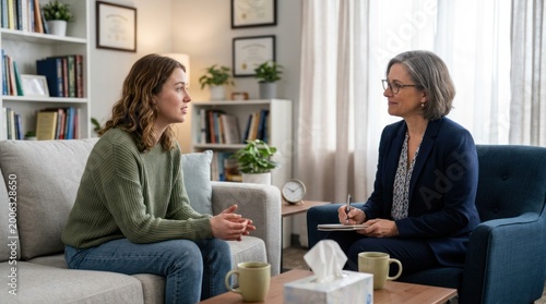 A mature woman, a therapist, sits on a gray sofa and listens attentively to a young woman. The therapist, wearing a dark blazer, holds a pen and notepad.