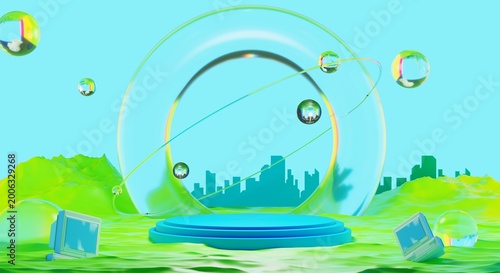 retro-future y2k 2000s frutiger aero aqua web 2.0 gloss with stage podium for product display showcase, 3d illustration rendering abstract background, technology and nature environment concept