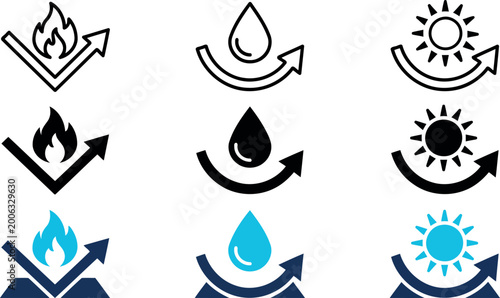 Foto A minimalist professional vector icon set featuring three material protection symbols fire resistant , water resistant  and heat resistant