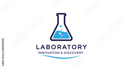 Laboratory flask with blue liquid and bubbles, innovation and discovery concept