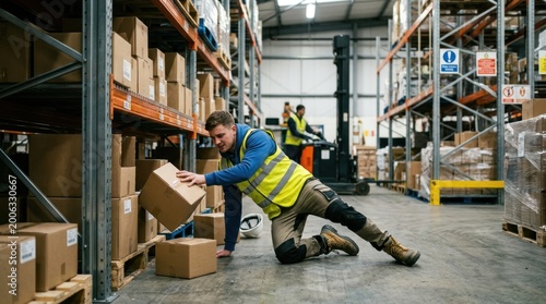 A warehouse worker is falling while attempting to move a large cardboard box. He is wearing a yellow high-visibility vest and protective work pants.