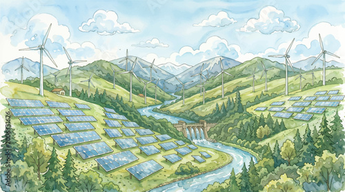 Watercolor illustration of a clean energy landscape featuring wind turbines, solar panels, and a hydroelectric dam in a green mountain valley