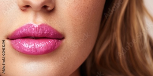 Close-up of a beautiful woman's lips with vibrant pink gloss and soft skin texture