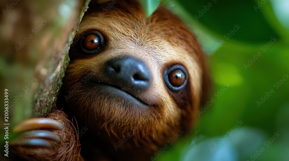 Obraz premium A delightful close-up of a sloth peeking from behind a tree branch, showcasing its charming smile and engaging the viewer with a captivating expression in a lush environment.
