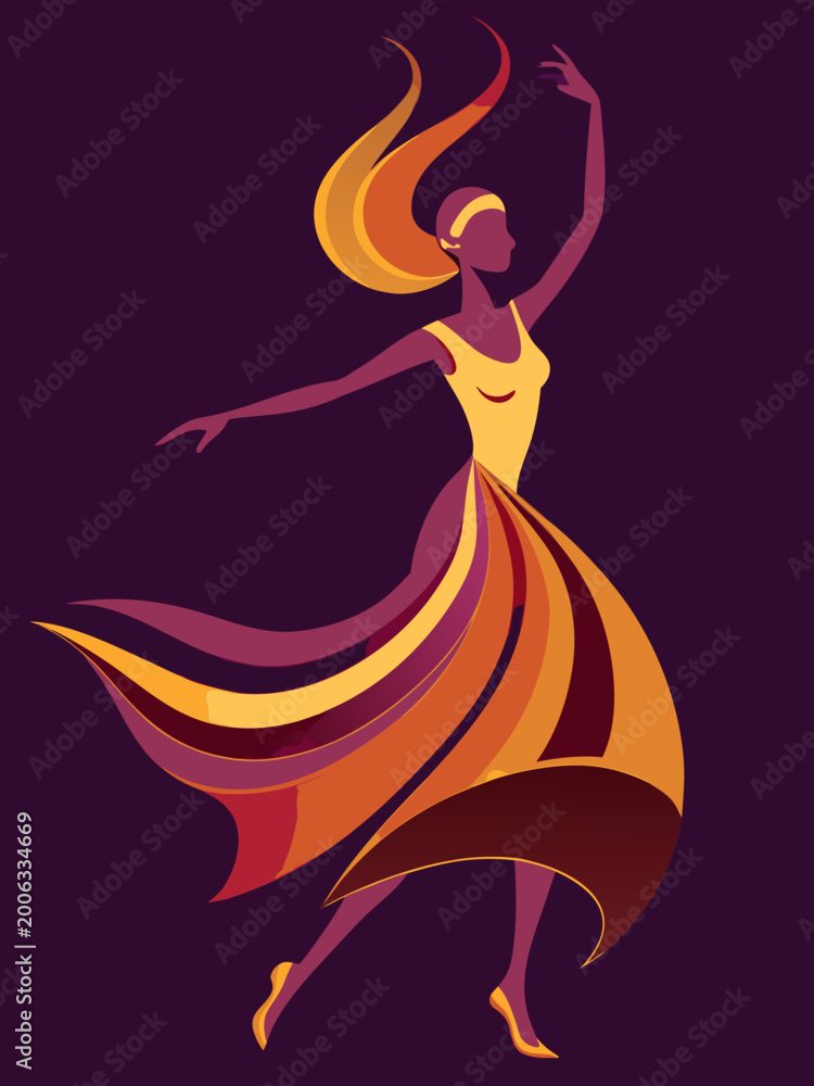 Obraz premium Dancing woman in flowing yellow and orange dress illustration