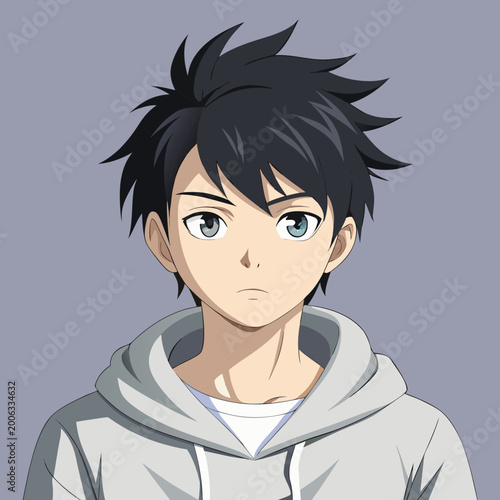 Anime style young man with spiky black hair portrait