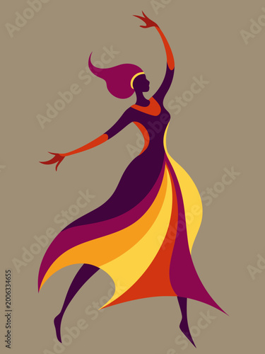 Woman in stylized purple and orange dress illustration