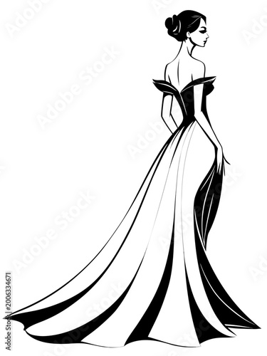 Elegant black and white illustration of woman in gown