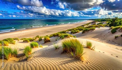 Coastal serenity amidst shifting sands and azure skies