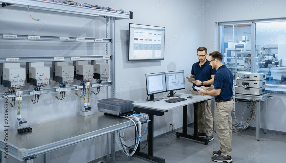 Naklejka premium Two engineers working on industrial automation system in laboratory