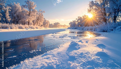 A serene winter landscape showcases a partially frozen river reflecting the warm glow of the rising sun, surrounded by snow-covered trees and a pristine, frosty environment.