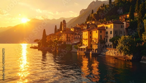 A picturesque village nestled on the shores of a tranquil lake reflects the warm glow of the setting sun, creating a stunning and serene landscape.