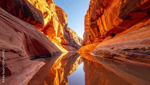 A stunning aerial view showcases the vibrant orange sandstone formations of a narrow canyon, with a calm river reflecting the towering cliffs and the clear blue sky above.