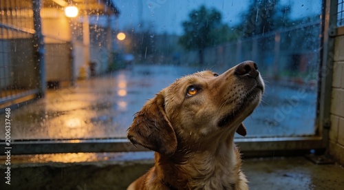 A dog looks up hopefully in a rainy animal shelter enclosure outdoor run.