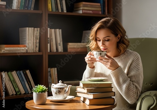 Woman enjoying tea in a cozy living room with books and natural light