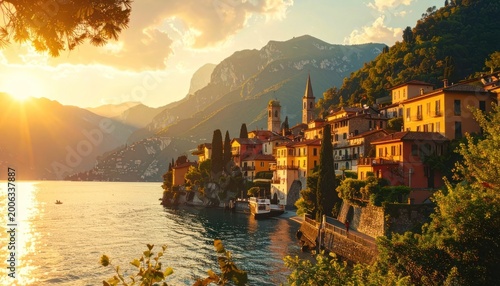 Golden light embraces a picturesque lakeside village