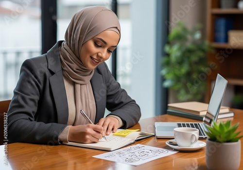 Woman in hijab writes in notebook at desk with laptop and coffee