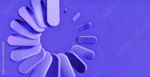 Abstract 3D loading indicator design made of multiple shades of purple rounded capsules arranged in half circle on solid violet background