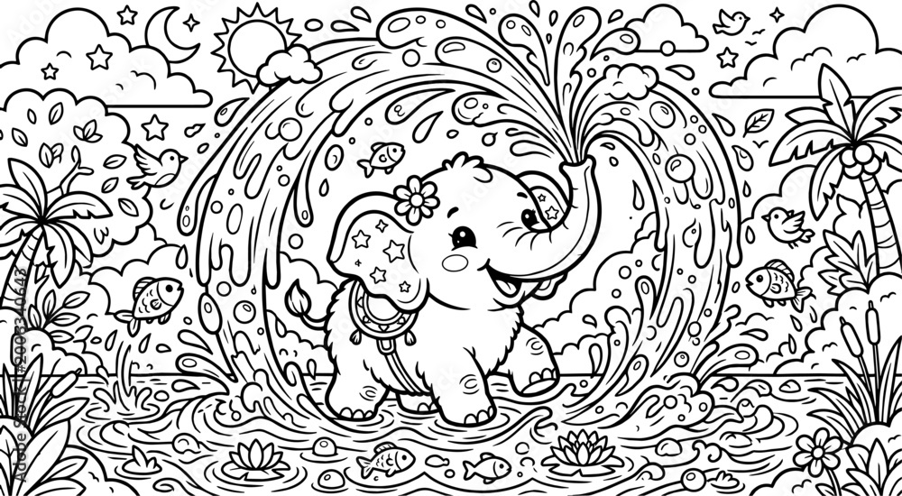 Fototapeta premium Adorable baby elephant playing with water in a playful scene.