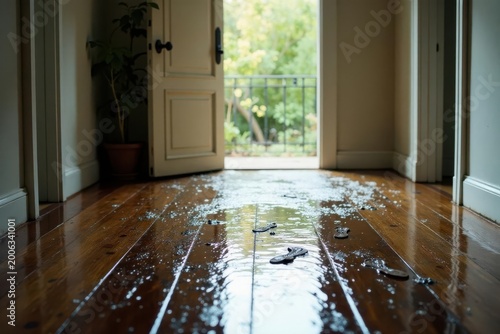 Water Damage Soggy Wooden Floor with Mud and Footwear Prints near Open Door