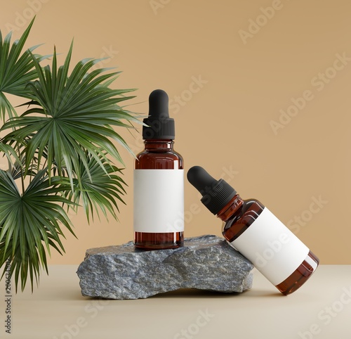 Tropical skincare dropper bottle arrangement with palm leaves and stone base, cosmetic packaging mockup for natural beauty brand, product showcase and eco friendly concept