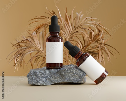 Cosmetic dropper bottle set with two amber containers on stone base and dried plants, premium skincare branding mockup with natural composition and product showcase design