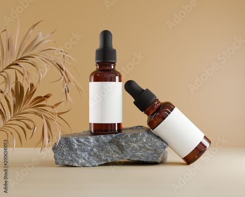 Creative cosmetic dropper bottle composition with one standing and one lying on stone surface, natural skincare packaging mockup with dried foliage and premium branding concept