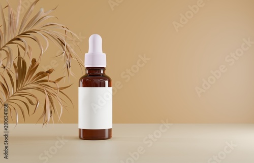 Elegant skincare dropper bottle with soft neutral backdrop and subtle plant decor, clean cosmetic packaging mockup for beauty branding, wellness product display and minimal design