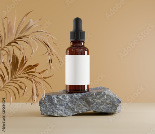 Natural skincare dropper bottle placed on stone with dry botanical leaves, organic cosmetic packaging concept with earthy tones, wellness branding and beauty product presentation
