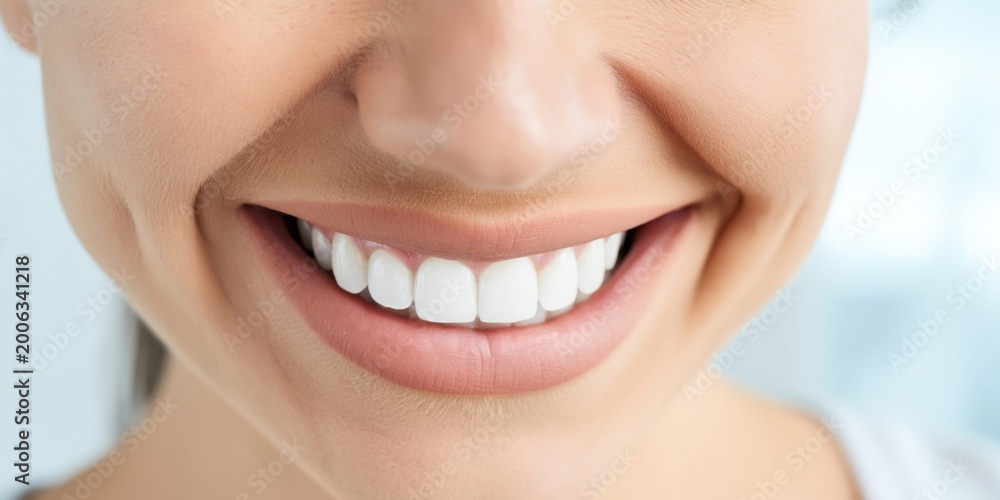 Fototapeta premium Close-up of a natural adult smile with perfectly white, healthy teeth in a bright clinic