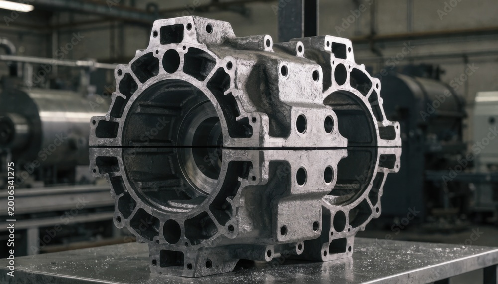 Fototapeta premium Medium shot of a heavyduty horizontal split gearbox housing casting on a workbench showcasing precise machining and rugged industrial design.