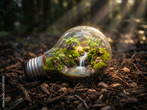 Miniature lush green forest ecosystem enclosed inside glowing glass lightbulb resting on soil representing renewable energy