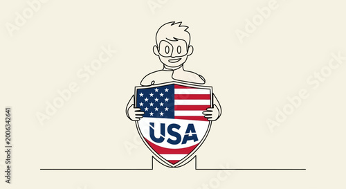 Konstfotografi Man holding USA flag shield showing patriotism and national pride