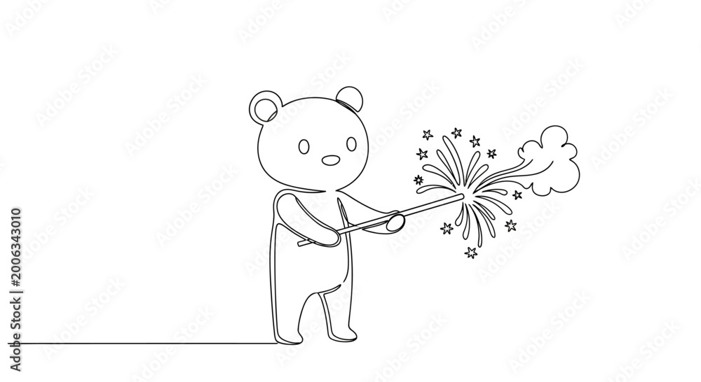 Fototapeta premium Cute bear character holding a sparkling firework stick.