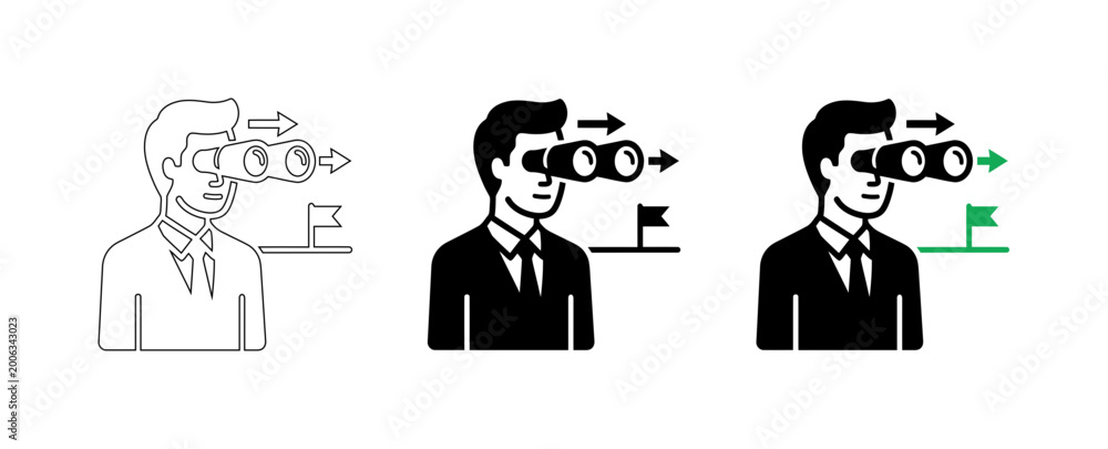 Fototapeta premium Professional Visionary Businessman with Binoculars and Goal Flag Vector Icon Set